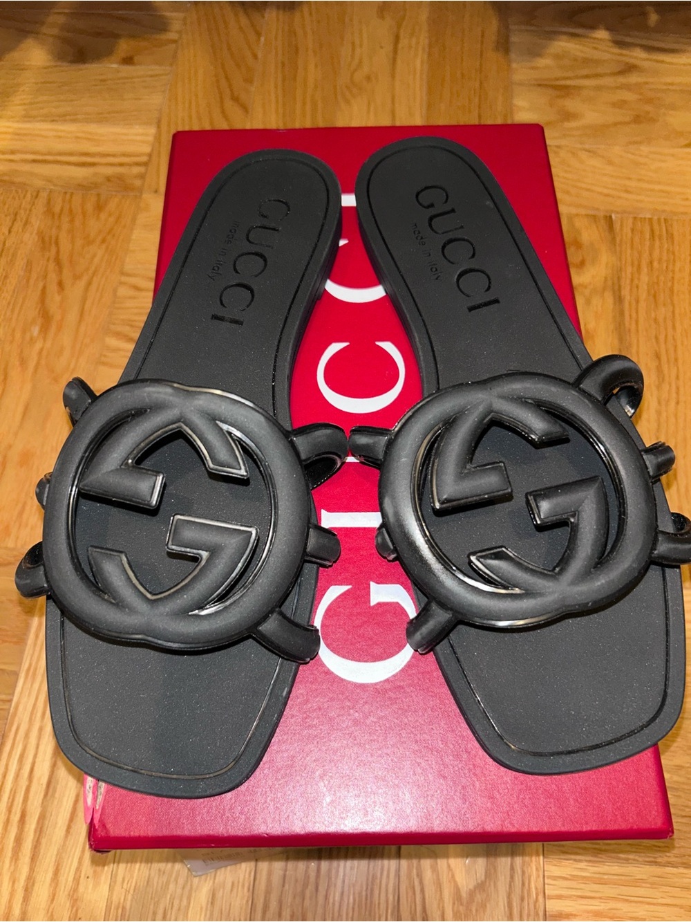 Gucci Black Logo Slide Sandals on Red Box